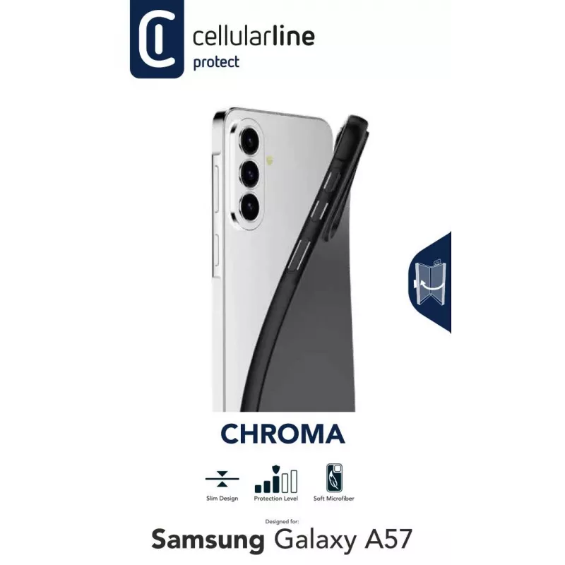 Cellularline CHROMA – capa TPU colorida para Galaxy A57 com superfície mate e texturada e forro interior de microfibra resistente a riscos. Protege as bordas e os botões sem alterar o design do telefone.