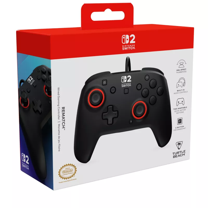 Comando de jogos com fios Turtle Beach Rematch para Nintendo Switch 2 – USB-C, cabo de 3 m, botão de retroceder, D-pad, preto