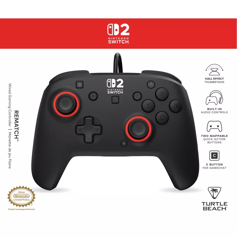 Comando de jogos com fios Turtle Beach Rematch para Nintendo Switch 2 – USB-C, cabo de 3 m, botão de retroceder, D-pad, preto