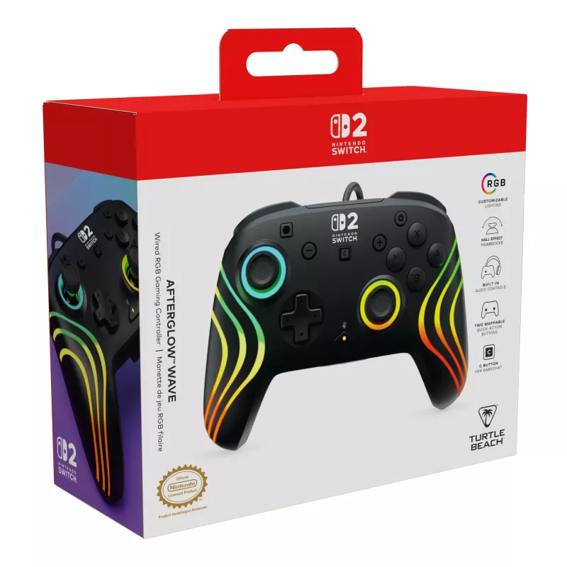 Gamepad Turtle Beach Afterglow Wave preto com fios RGB para Nintendo Switch / Switch 2, USB-C, cabo de 3 m