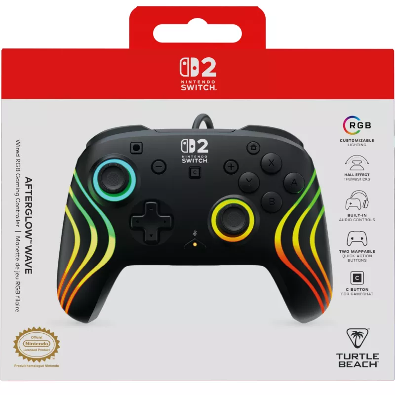 Gamepad Turtle Beach Afterglow Wave preto com fios RGB para Nintendo Switch / Switch 2, USB-C, cabo de 3 m