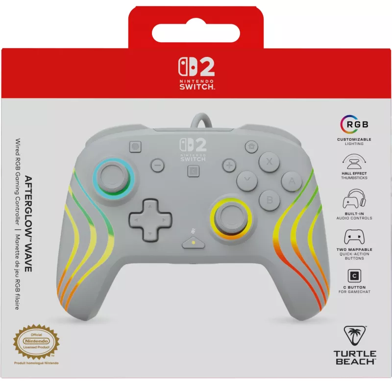 Comando de jogos RGB com fios Turtle Beach Afterglow Wave cinzento – USB-C, cabo de 3 m, para Nintendo Switch / Switch 2 / Switch OLED