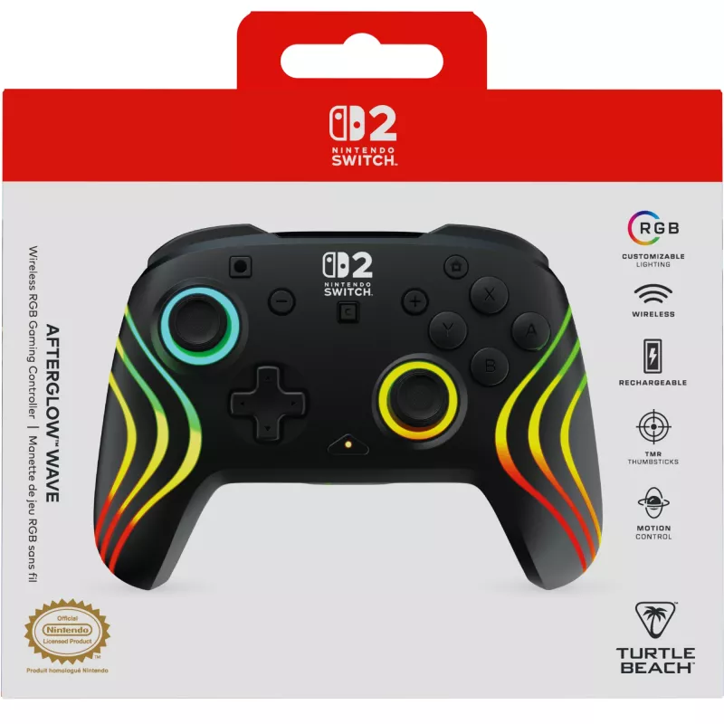 Comando de jogos RGB sem fios Turtle Beach Afterglow Wave preto para Nintendo Switch 2 — Bluetooth/USB-C, bateria integrada 20 h, cabo de 3 m