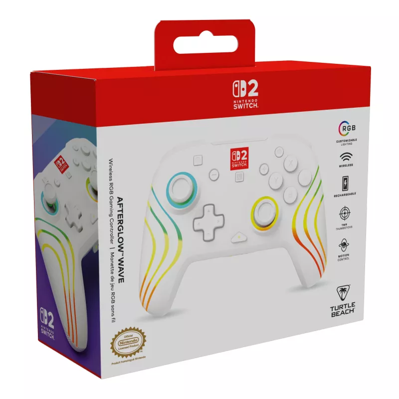 Comando de jogos RGB sem fios Turtle Beach Afterglow Wave branco para Nintendo Switch 2, Bluetooth/USB-C, bateria integrada 20 h, cabo de 3 m