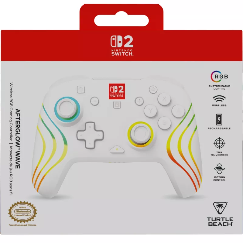 Comando de jogos RGB sem fios Turtle Beach Afterglow Wave branco para Nintendo Switch 2, Bluetooth/USB-C, bateria integrada 20 h, cabo de 3 m