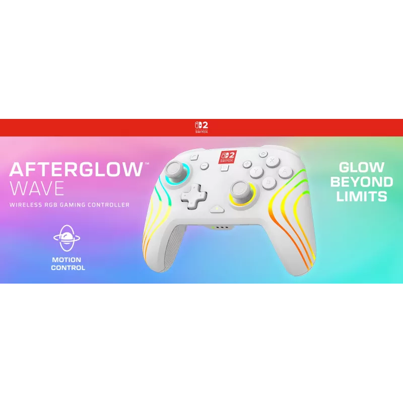 Comando de jogos RGB sem fios Turtle Beach Afterglow Wave branco para Nintendo Switch 2, Bluetooth/USB-C, bateria integrada 20 h, cabo de 3 m