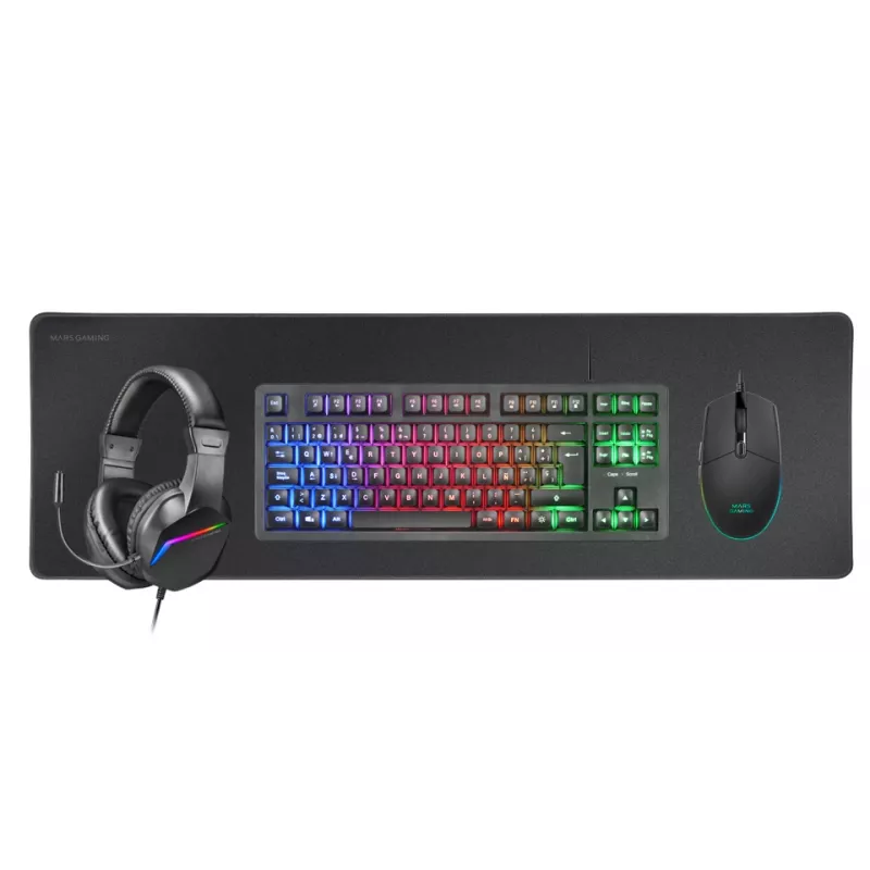 Combo de gaming 4-em-1 Mars Gaming MCP-RGB3, com fios, USB, membrana, LED RGB, preto, rato incluído
