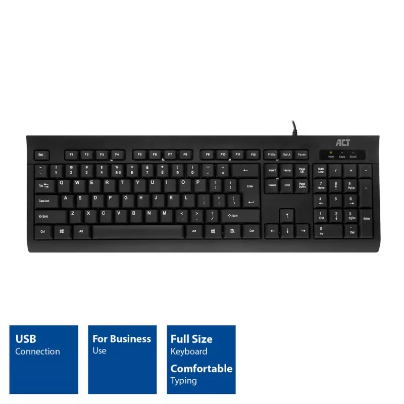 Teclado de escritório ACT USB (layout Qwerty/US), Full-Size (100 %), com fio, USB, membrana, QWERTY, preto