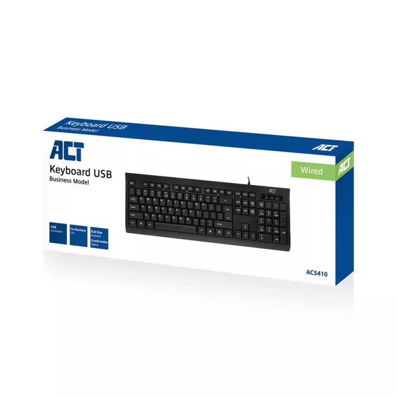 Teclado de escritório ACT USB (layout Qwerty/US), Full-Size (100 %), com fio, USB, membrana, QWERTY, preto