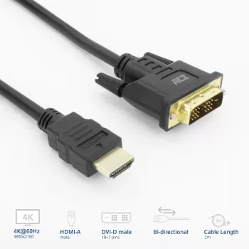 Adaptador de cabo de vídeo ACT AK3735 2 m HDMI Type-A (Standard) DVI-D preto