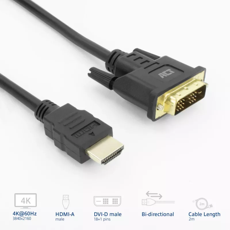 Adaptador de cabo de vídeo ACT AK3735 2 m HDMI Type-A (Standard) DVI-D preto