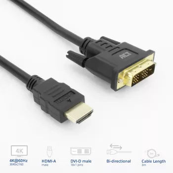 Adaptador de cabo de vídeo ACT AK3736 3 m HDMI Type-A (Standard) DVI-D preto