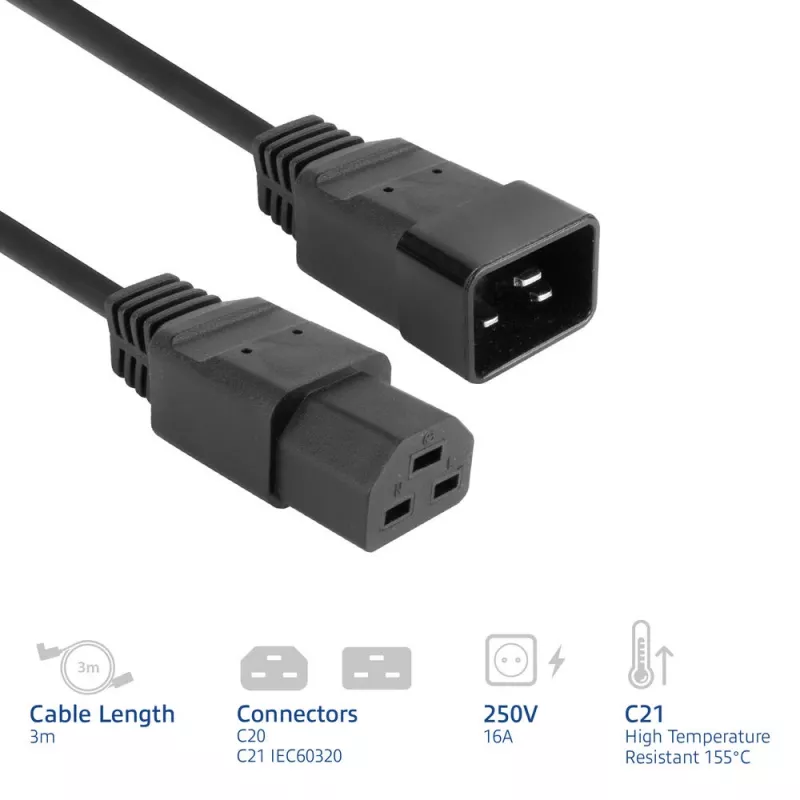 Cabo de alimentação ACT C20–C21 IEC60320 preto 3 m, 16 A, 250 V
