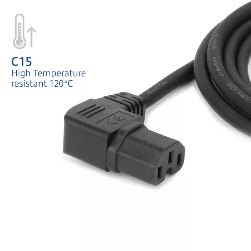 Cabo de alimentação ACT ficha CEE7/7 (angular) – C15 (angular à esquerda) IEC60320 preto 1 m