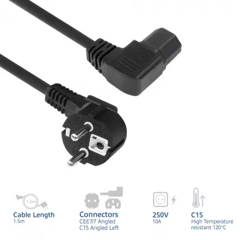Cabo de alimentação ACT ficha CEE7/7 (angular) - C15 (angular à esquerda) IEC60320 preto 1,5 m