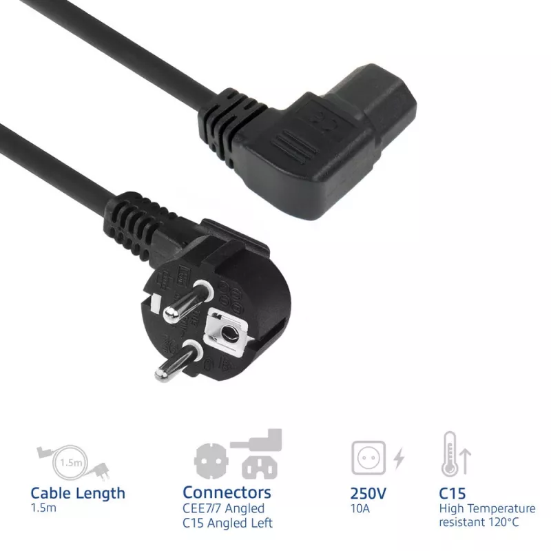 Cabo de alimentação ACT ficha CEE7/7 (angular) - C15 (angular à esquerda) IEC60320 preto 1,5 m