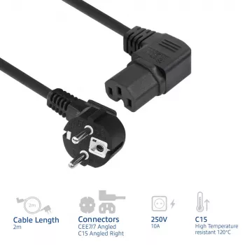 Cabo de alimentação ACT ficha CEE 7/7 (angular) - C15 (angular) IEC60320 preto 2 m