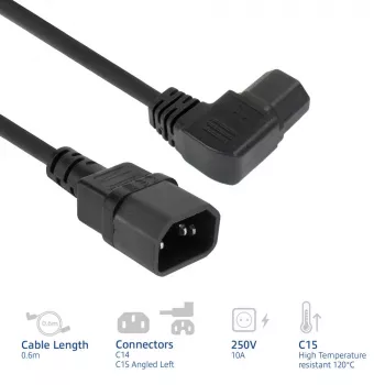 Cabo de alimentação ACT C14 - C15 (angular à esquerda) IEC60320 preto 0,6 m