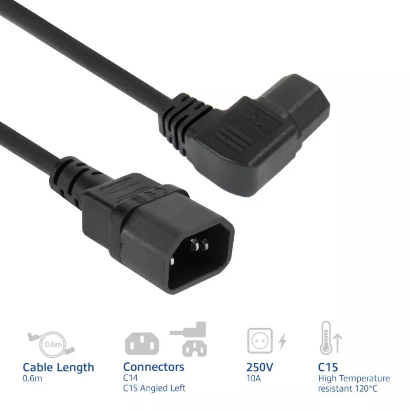 Cabo de alimentação ACT C14 - C15 (angular à esquerda) IEC60320 preto 0,6 m