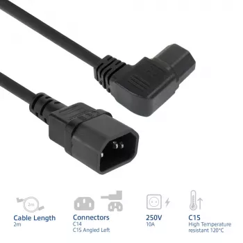 Cabo de alimentação ACT C14 - C15 (angular à esquerda) IEC60320 preto 2 m