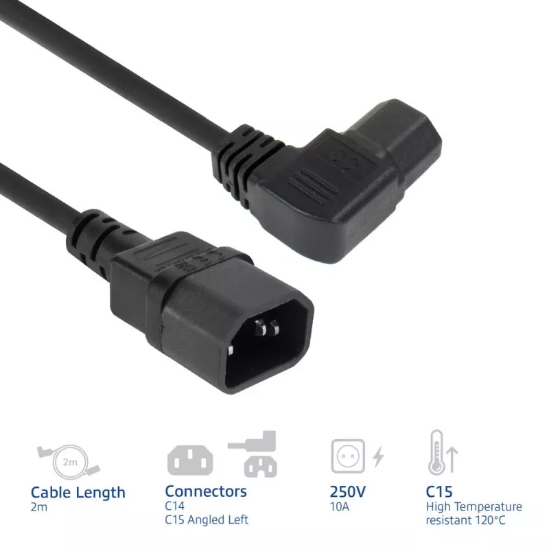 Cabo de alimentação ACT C14 - C15 (angular à esquerda) IEC60320 preto 2 m