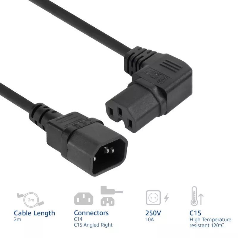 Cabo de alimentação ACT C14 para C15 angular IEC60320 preto 2 m H05RN-F 10 A 250 V