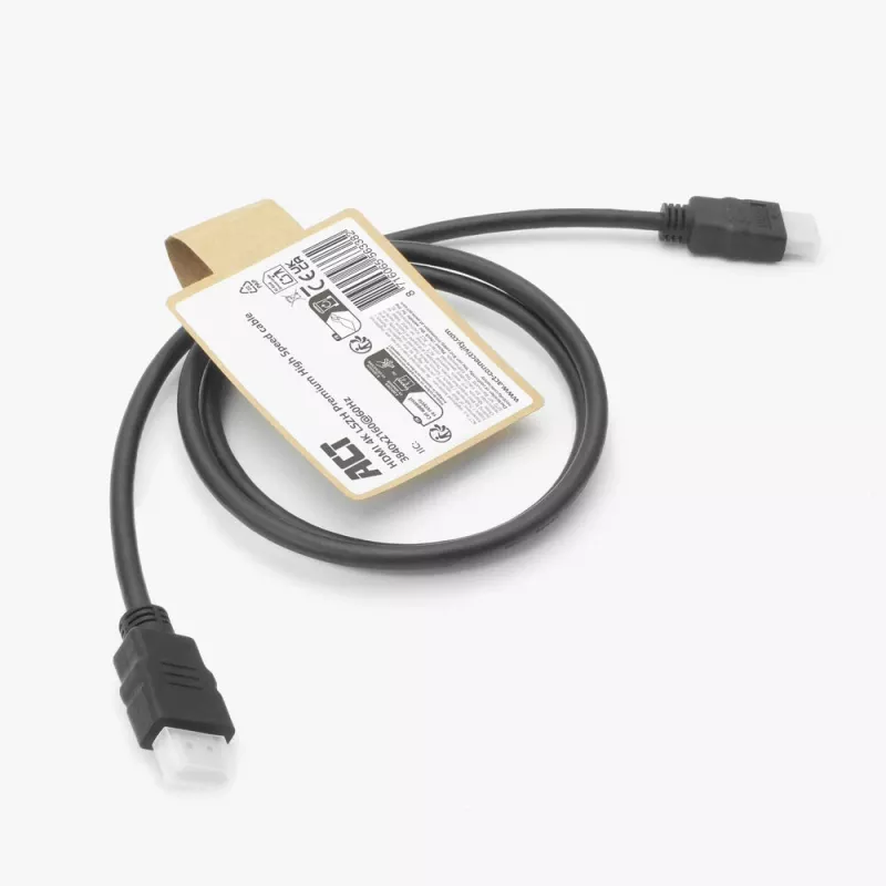 Cabo HDMI ACT AK3871 – 1 m, HDMI Type-A para Type-A, HDMI 2.0, 18 Gbit/s, ARC, contactos dourados, preto
