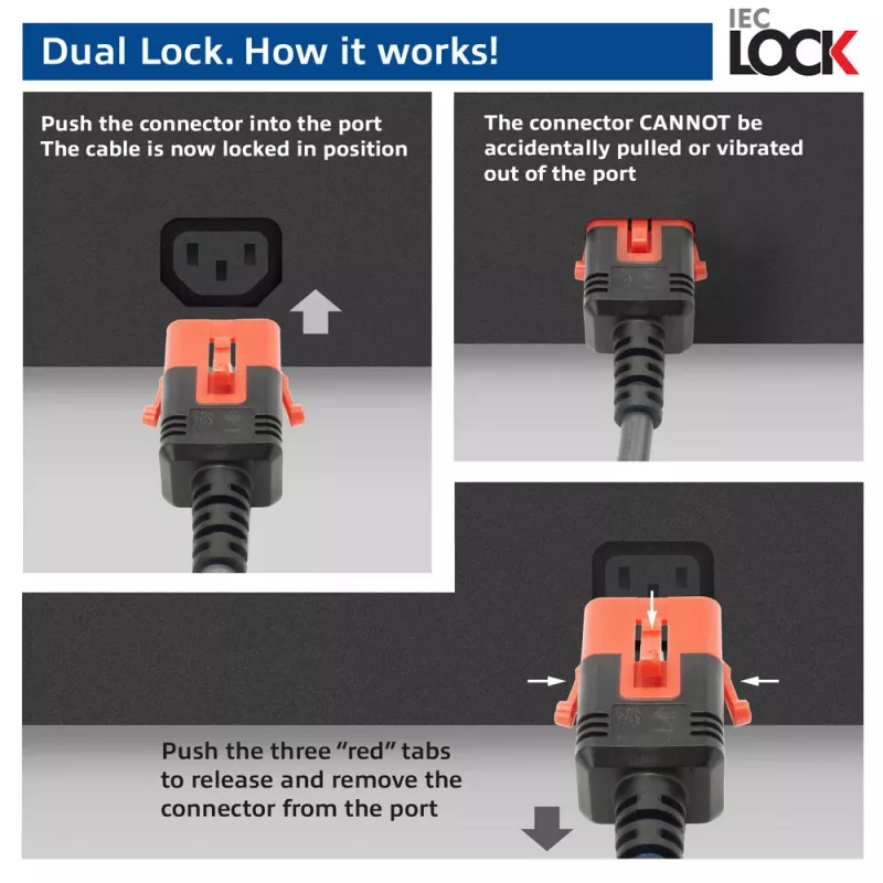 Cabo de alimentação ACT C14 IEC Lock+ Dual Locking - C15 IEC Lock+ preto 1 m, PC3868