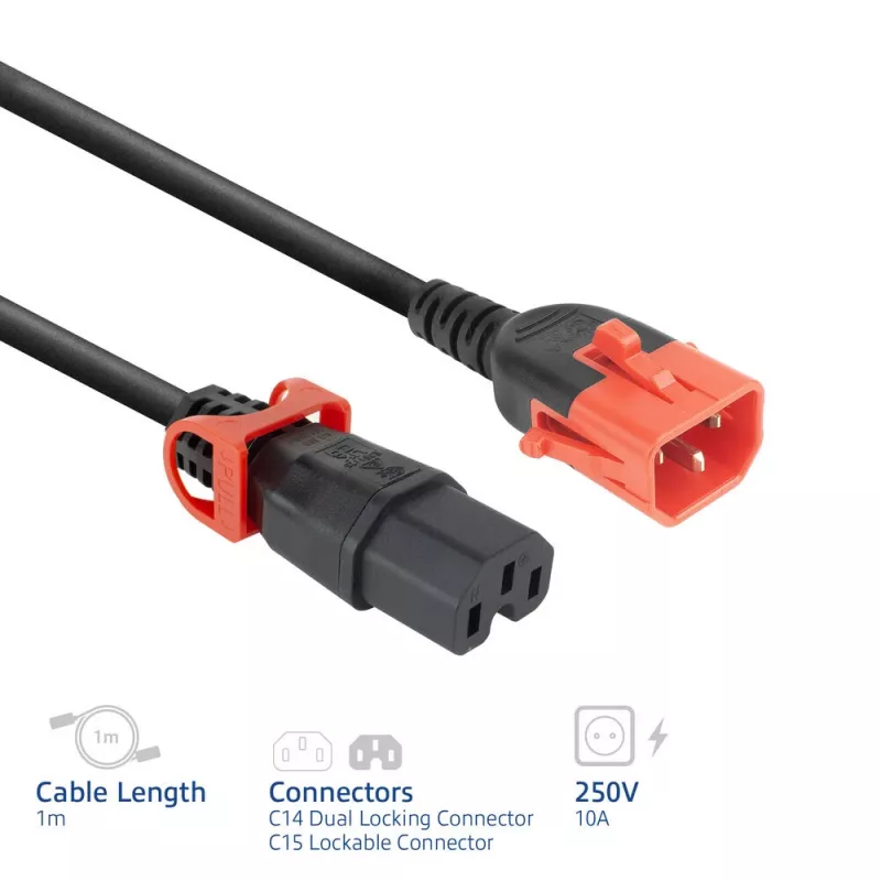 Cabo de alimentação ACT C14 IEC Lock+ Dual Locking - C15 IEC Lock+ preto 1 m, PC3868