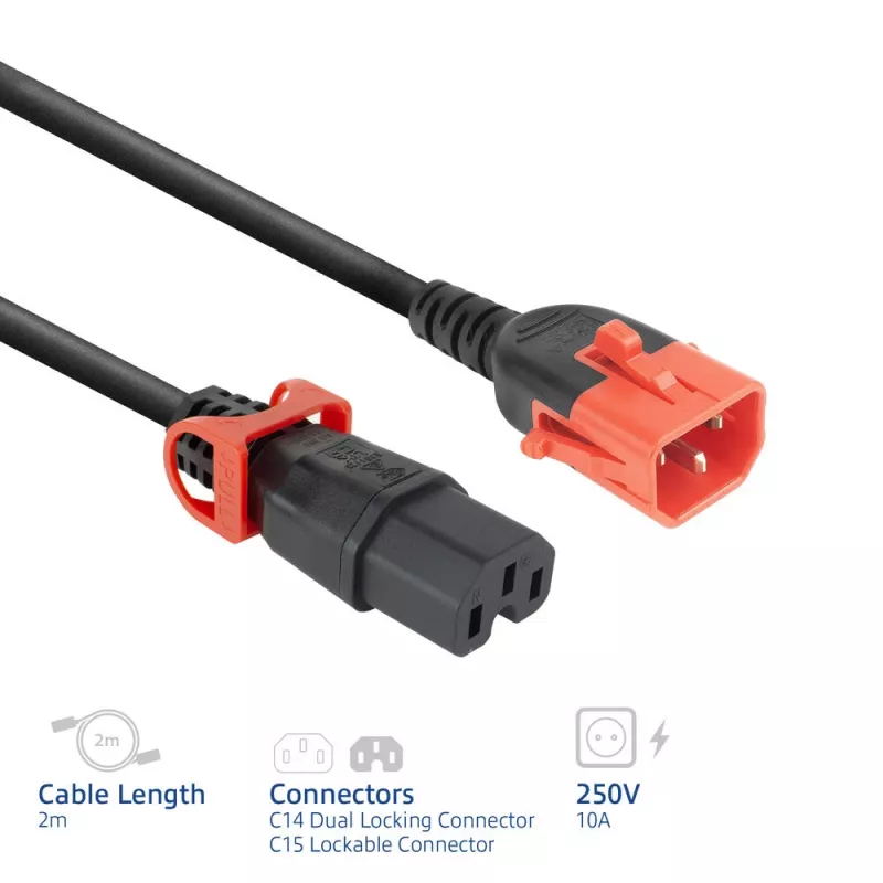 Cabo de alimentação ACT C14 IEC Lock+ Dual Locking - C15 IEC Lock+ preto 2 m, PC3872
