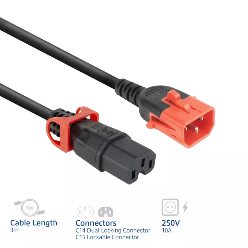Cabo de alimentação ACT C14 IEC Lock+ Dual Locking - C15 IEC Lock+ preto 3 m, PC3876
