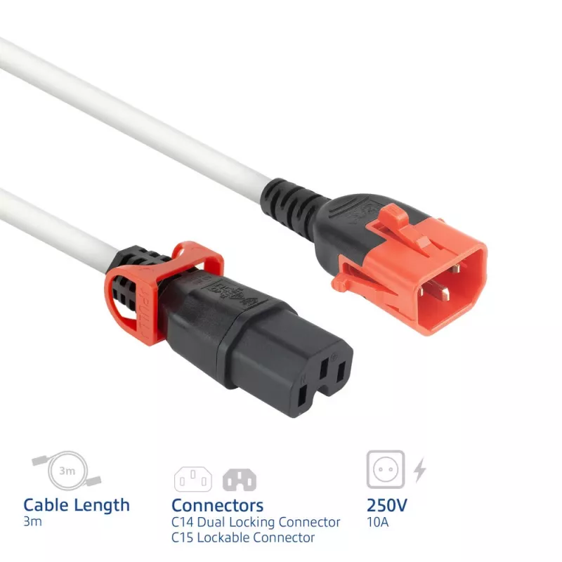 Cabo de alimentação ACT C14 IEC Lock+ Dual Locking - C15 IEC Lock+ branco 3 m, PC3879