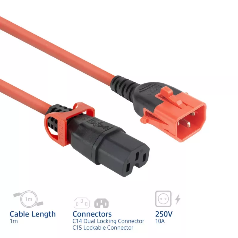 Cabo de alimentação ACT C14 IEC Lock+ Dual Locking - C15 IEC Lock+ vermelho 1 m, PC3869