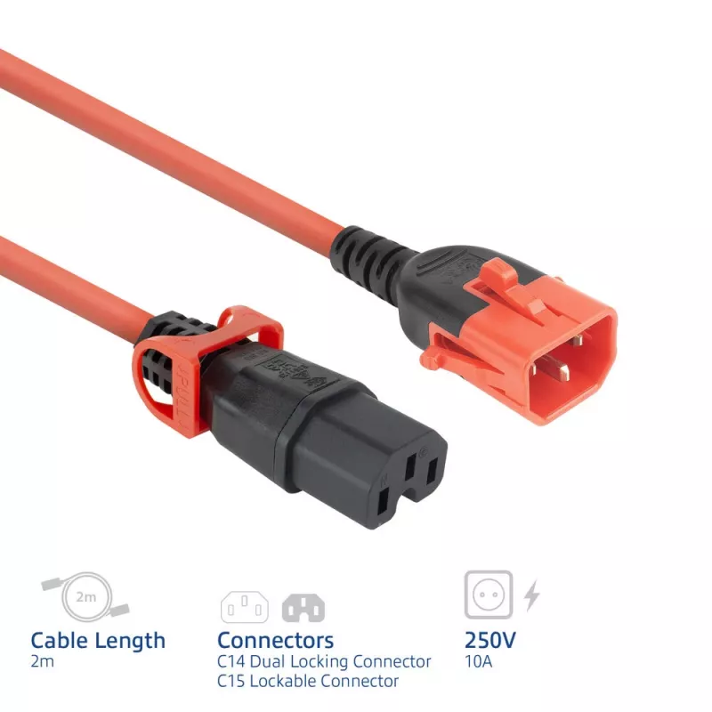 Cabo de alimentação ACT C14 IEC Lock+ Dual Locking - C15 IEC Lock+ vermelho 2 m, PC3873
