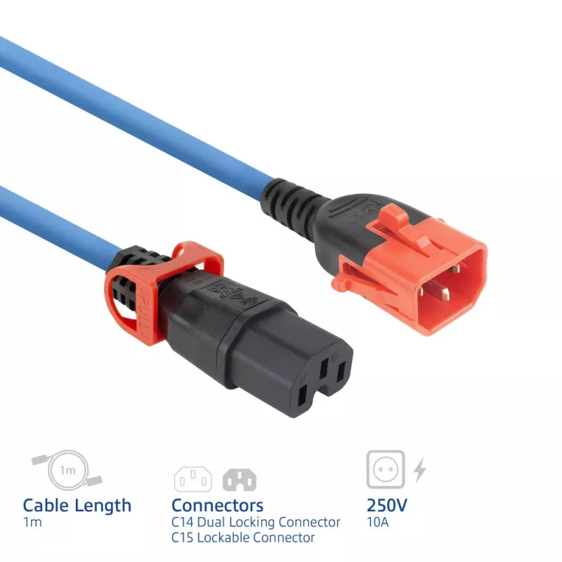 Cabo de alimentação ACT C14 IEC Lock+ Dual Locking - C15 IEC Lock+ azul 1 m, PC3870