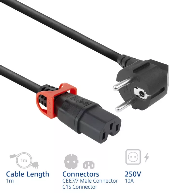 Cabo de alimentação ACT ficha CEE 7/7 (angular) - C15 IEC Lock+ preto 1 m, EL603S