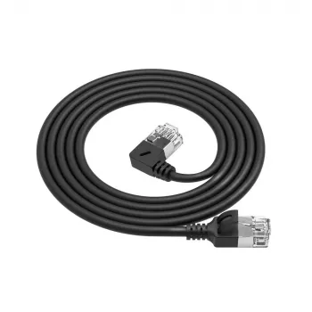 Cabo de rede ACT preto 0,15 m U/FTP CAT6A LSZH Slimline com fichas RJ45, 90° angular esquerda para reto
