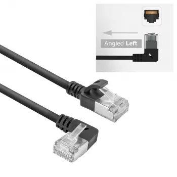 Cabo de rede ACT preto 0,15 m U/FTP CAT6A LSZH Slimline com fichas RJ45, 90° angular esquerda para reto