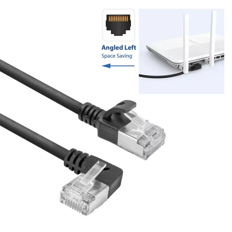 Cabo de rede ACT preto 0,25 metros U/FTP CAT6A LSZH Slimline com fichas RJ45 90° angular esquerda para reto