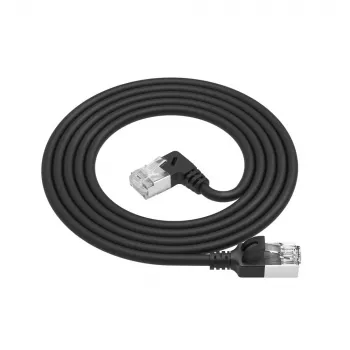 Cabo de rede ACT preto 0,5 m U/FTP CAT6A LSZH Slimline com fichas RJ45 90° angular direita para reto