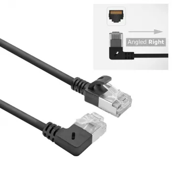 Cabo de rede ACT preto 0,5 m U/FTP CAT6A LSZH Slimline com fichas RJ45 90° angular direita para reto