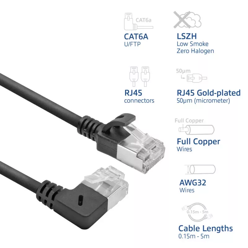Cabo de rede ACT preto 0,5 m U/FTP CAT6A LSZH Slimline com fichas RJ45 90° angular direita para reto