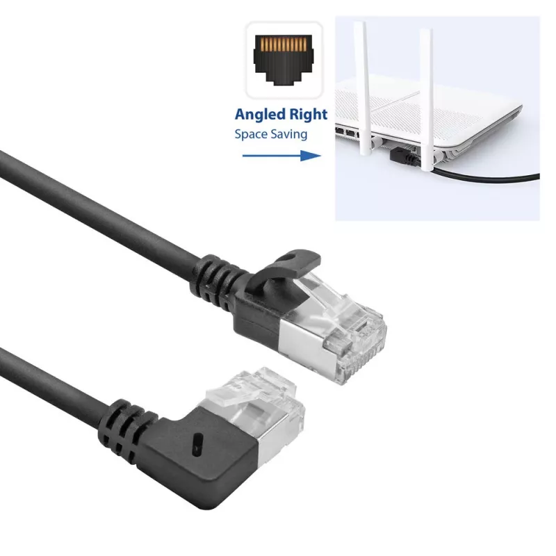 Cabo de rede ACT preto 1 m U/FTP CAT6A LSZH Slimline com fichas RJ45 90° angular direita para reto
