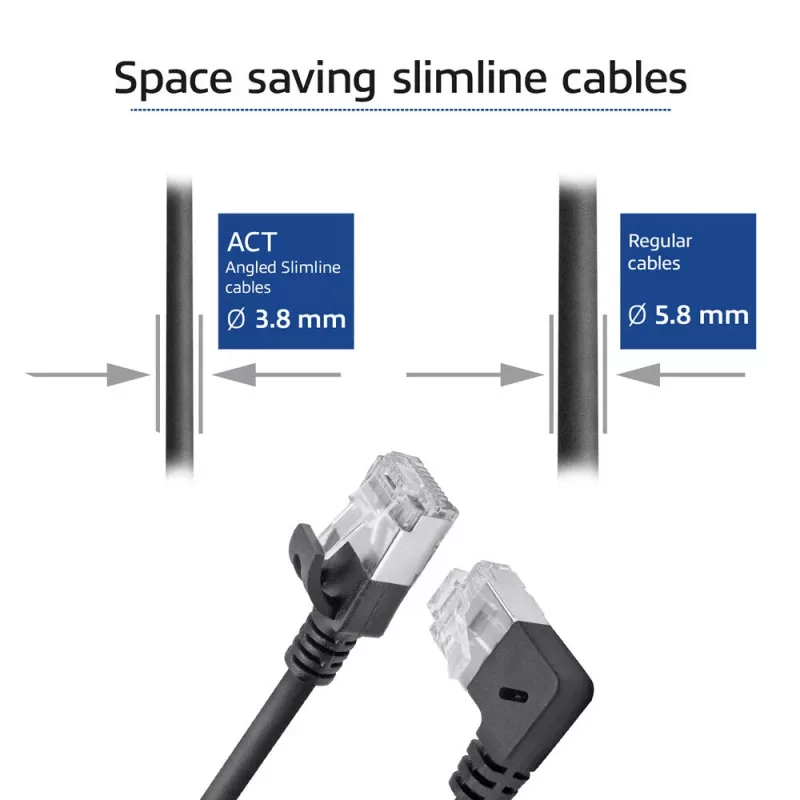 Cabo de rede ACT preto 2 m U/FTP CAT6A LSZH Slimline com fichas RJ45, 90° angular direita para reto