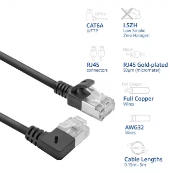 Cabo de rede ACT preto 0,15 m U/FTP CAT6A LSZH Slimline com fichas RJ45, 90° angular direita para reto