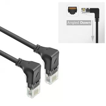 Cabo de rede ACT preto 1 metro U/UTP CAT6A LSZH Slimline com fichas RJ45 90° angular para baixo a 90° angular para baixo
