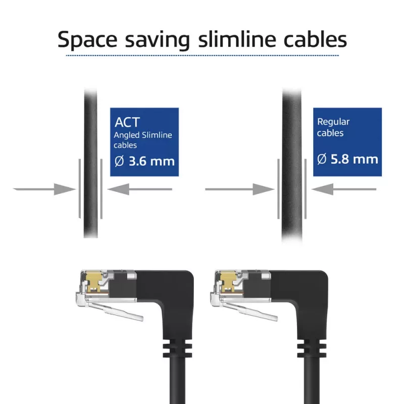 Cabo de rede ACT preto 1 metro U/UTP CAT6A LSZH Slimline com fichas RJ45 90° angular para baixo a 90° angular para baixo