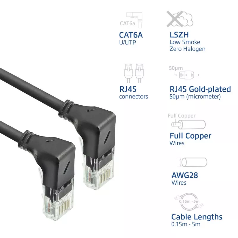 Cabo de rede ACT preto 5 metros U/UTP CAT6A LSZH Slimline com fichas RJ45 90° angular para baixo a 90° angular para baixo