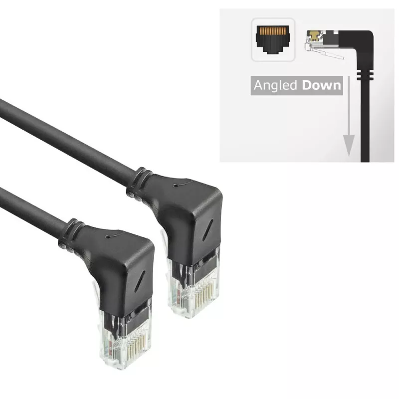 Cabo de rede ACT preto 1,5 metros U/UTP CAT6A LSZH Slimline com conectores RJ45 90° angular para baixo a 90° angular para baixo