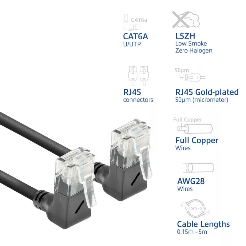 Cabo de rede ACT preto 1 metro U/UTP CAT6A LSZH Slimline com fichas RJ45 90° angular para cima a 90° angular para cima